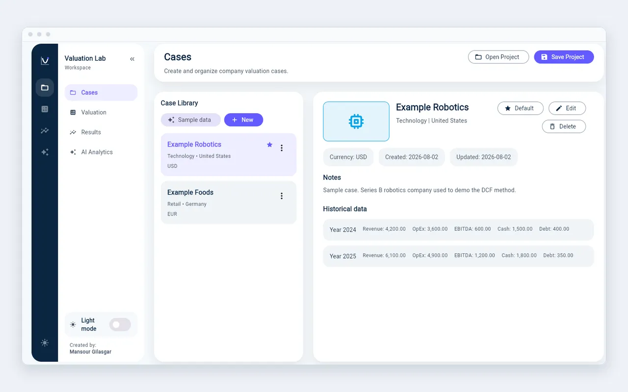 The Cases screen, where each company is kept as its own case with currency, notes, and historical revenue, EBITDA, cash, and debt.